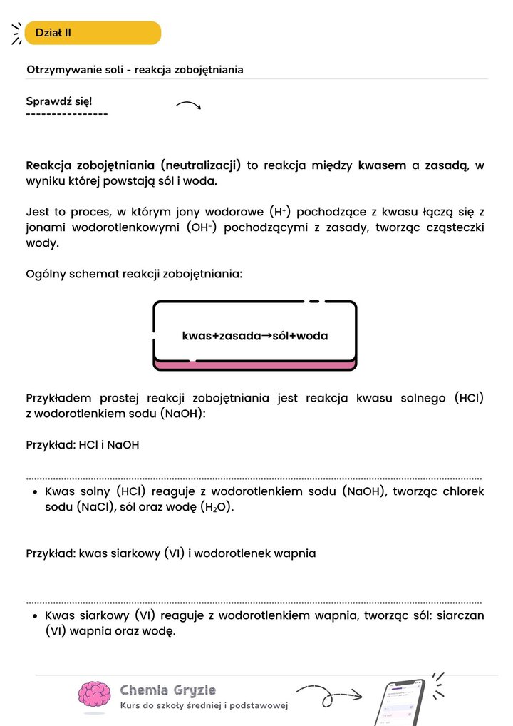 Schemat reakcji zobojętniania (neutralizacji). Grafika przedstawia ogólne równanie: kwas + zasada daje sól + wodę. Ilustruje mechanizm łączenia jonów wodorowych i wodorotlenkowych. Zawiera przykład reakcji kwasu solnego z wodorotlenkiem sodu.