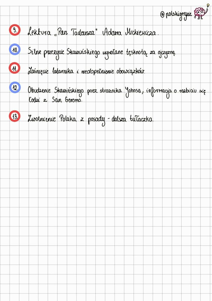 Zakończenie planu wydarzeń noweli Latarnik. Punkty od 9 do 13 opisują moment czytania Pana Tadeusza, silne wzruszenie i zaśnięcie Skawińskiego, co doprowadza do rozbicia łodzi, a w konsekwencji zwolnienia bohatera i jego dalszej tułaczki.