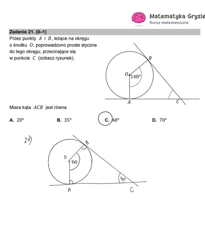 Fragment arkusza maturalnego z matematyki podstawowej - obliczanie miary kąta. w okręgu na podstawie rysunku.