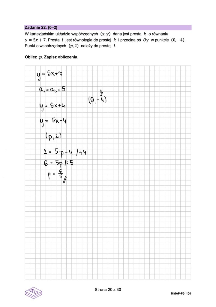 Fragment arkusza maturalnego z matematyki podstawowej - obliczanie punktu należącego do prostej.