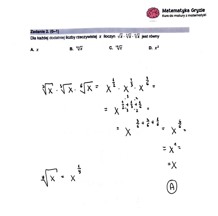 Zadanie z matury podstawowej z matematyki (2) z rozwiązanym zadaniem na upraszczanie iloczynu pierwiastków.