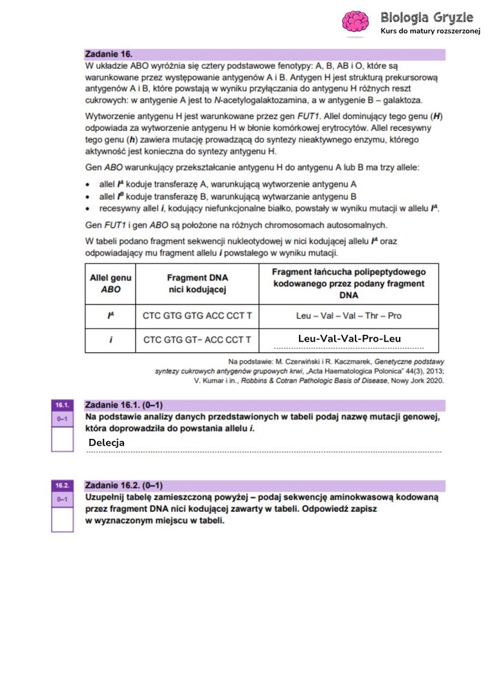 Zadanie maturalne z biologii z tabelą ilustrującą mutację w genie grup krwi ABO, do analizy jej skutków na poziomie DNA i białka.