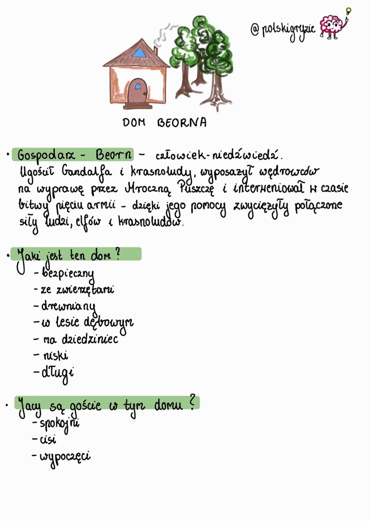 Rysunek przedstawiający niski, drewniany dom Beorna, Człowieka-Niedźwiedzia, w lesie dębowym, z okrągłymi drzwiami i dymem unoszącym się z komina, otoczony trzema zielonymi drzewami. Ilustracja symbolizuje bezpieczne schronienie w dziczy dla Gandalfa i krasnoludów w lekturze 'Hobbit'.