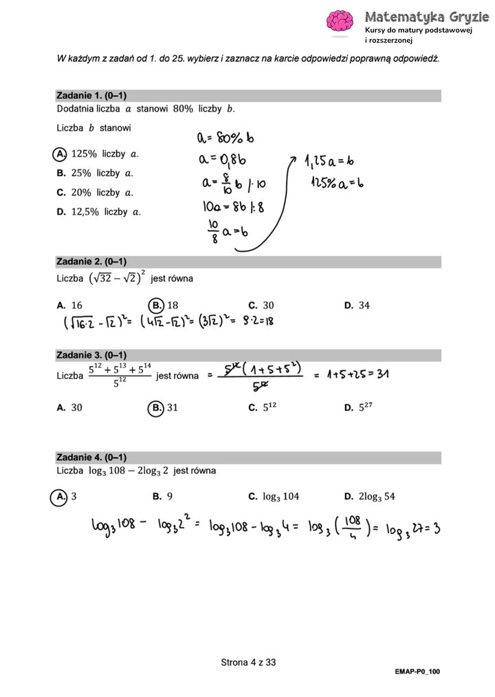 Fragment arkusza maturalnego  z matematyki podstawowej - zadania dotyczące procentów, pierwiastków, potęg i logarytmów.