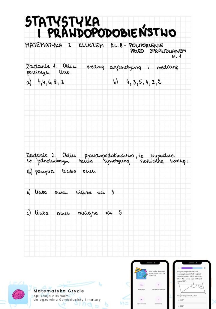 Zadania na sprawdzian matematyka z kluczem klasa 8 - statystyka i prawdopodobieństwo
