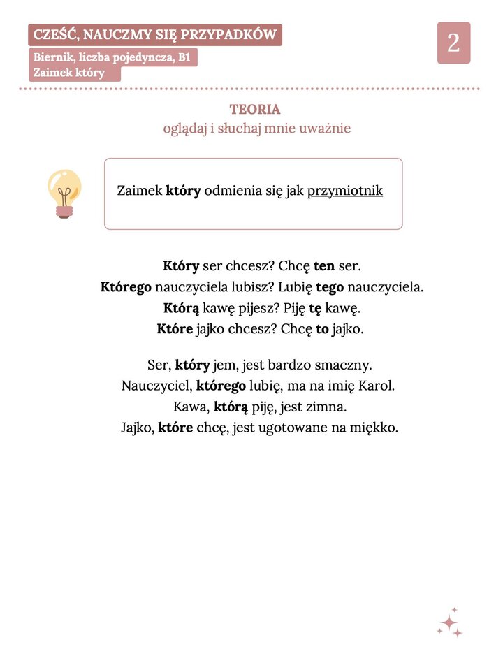 Druga strona notatki gramatycznej wyjaśniająca, że zaimek "który" odmienia się jak przymiotnik. Zawiera zestawienie form dla różnych rodzajów gramatycznych oraz przykłady zdań złożonych opisujących ser, nauczyciela, kawę i jajko.