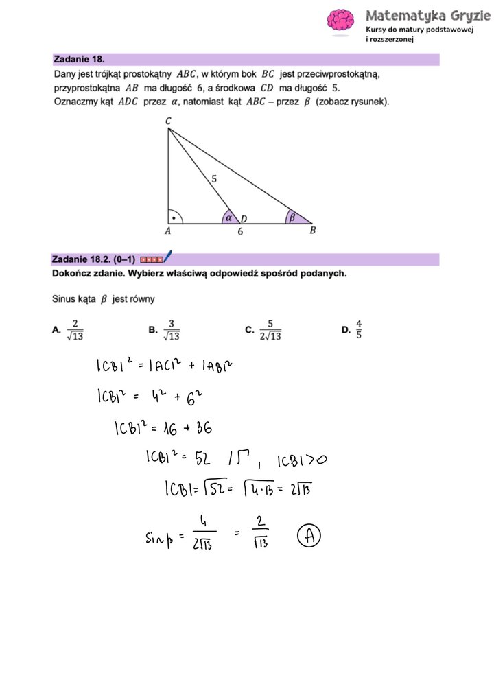 Zadanie maturalne z matematyki (18.2) z obliczeniem wartości sinusa kąta w trójkącie prostokątnym.