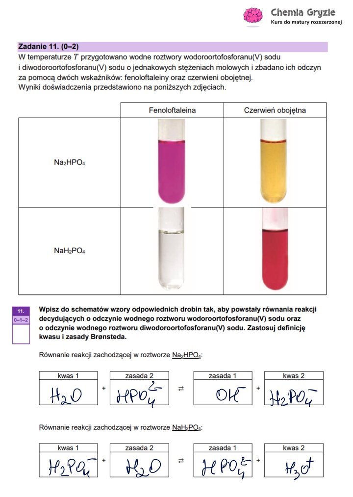 Zadanie maturalne z chemii (11) ze zdjęciami probówek, ilustrujące badanie odczynu roztworów wodorofosforanów sodu za pomocą wskaźników.