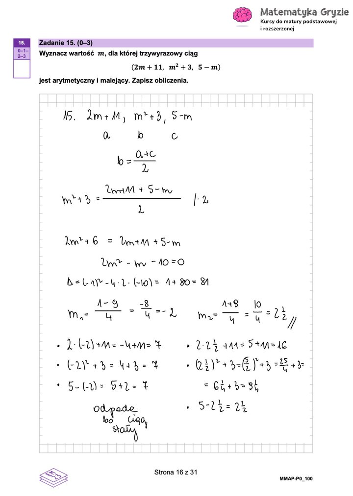 Zadanie maturalne z matematyki (15) z obliczeniami wartości parametru m, dla której ciąg jest arytmetyczny i malejący.