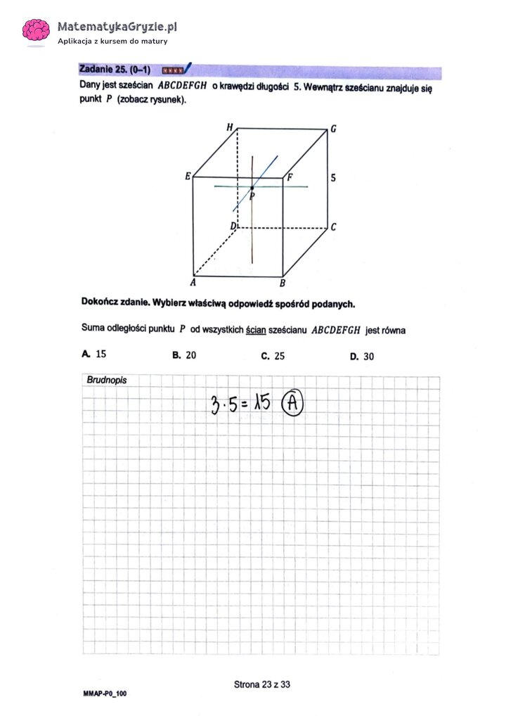 Fragment arkusza maturalnego z matematyki podstawowej - zadanie ze stereometrii, wyznaczanie odległości danego punktu na podstawie rysunku.