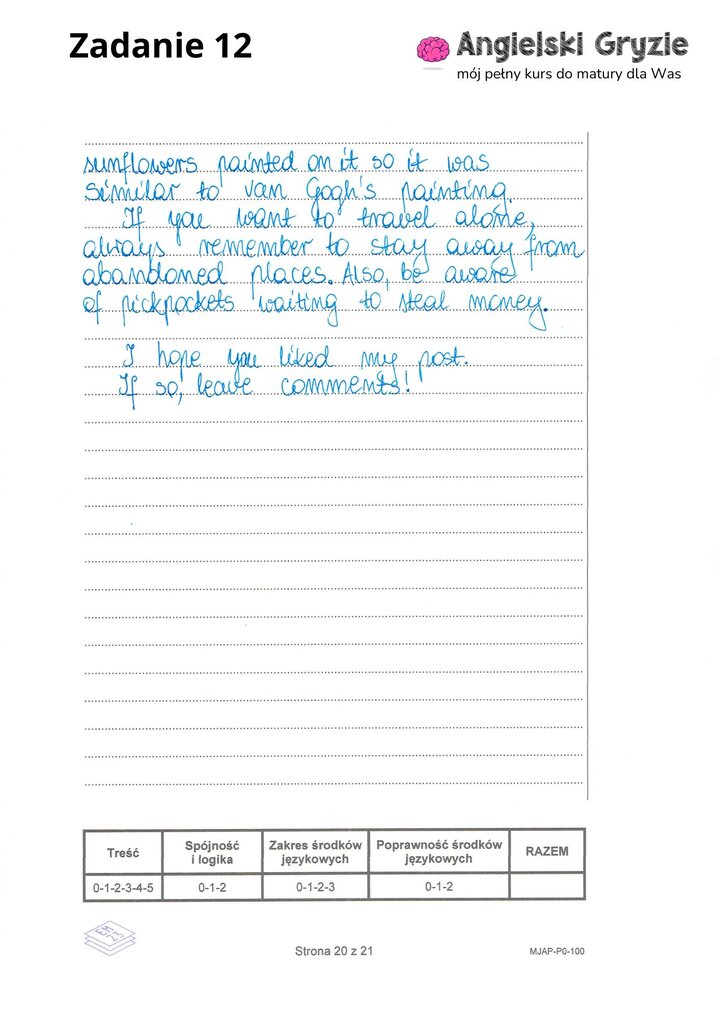 Fragment arkusza maturalnego z języka angielskiego – wybrana wypowiedź pisemna. 