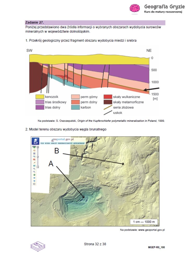 Zadanie maturalne z geografii z przekrojem geologicznym złoża miedzi i modelem terenu kopalni odkrywkowej węgla brunatnego.