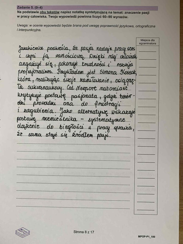 Fragment arkusza z języka polskiego – zadanie polegające na napisaniu notatki syntetyzującej na podstawie dwóch tekstów źródłowych.