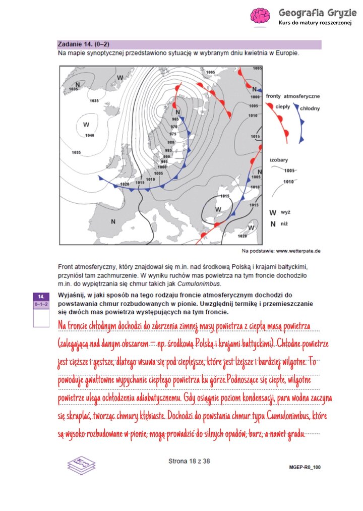 Zadanie maturalne z geografii z mapą synoptyczną Europy, ilustrujące front atmosferyczny i powstawanie chmur Cumulonimbus.