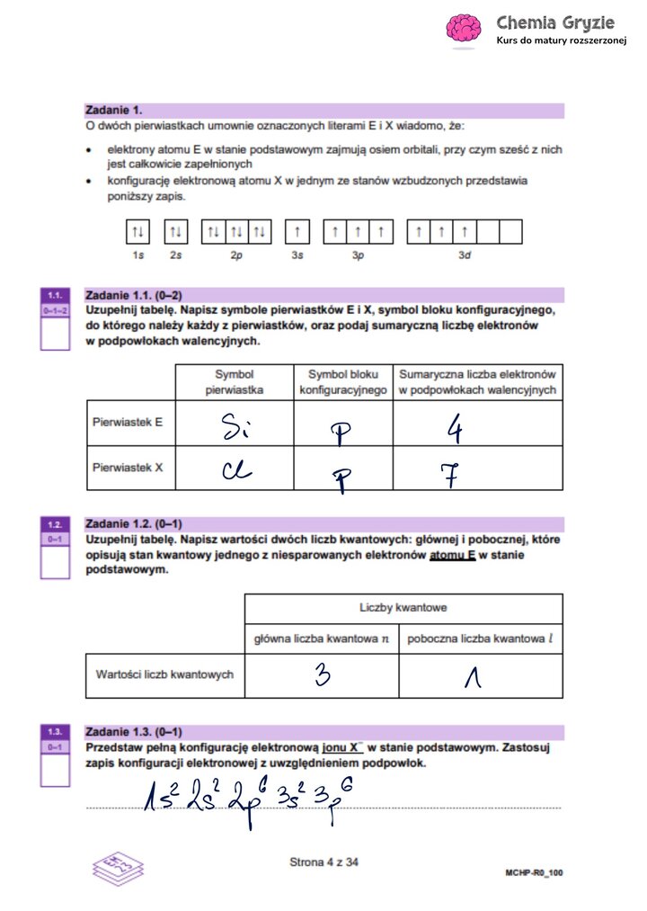 Zadanie maturalne z chemii (1) dotyczące konfiguracji elektronowej pierwiastków, liczb kwantowych i budowy jonów.