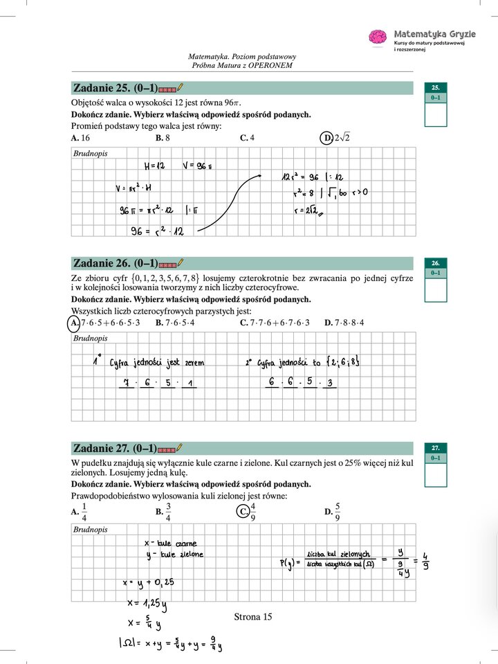 Zdjęcie kartki papieru z odręcznymi rozwiązaniami zadań z próbnego egzaminu maturalnego z matematyki Operon (poziom podstawowy). Widoczne wzory, obliczenia i zaznaczone wyniki.
