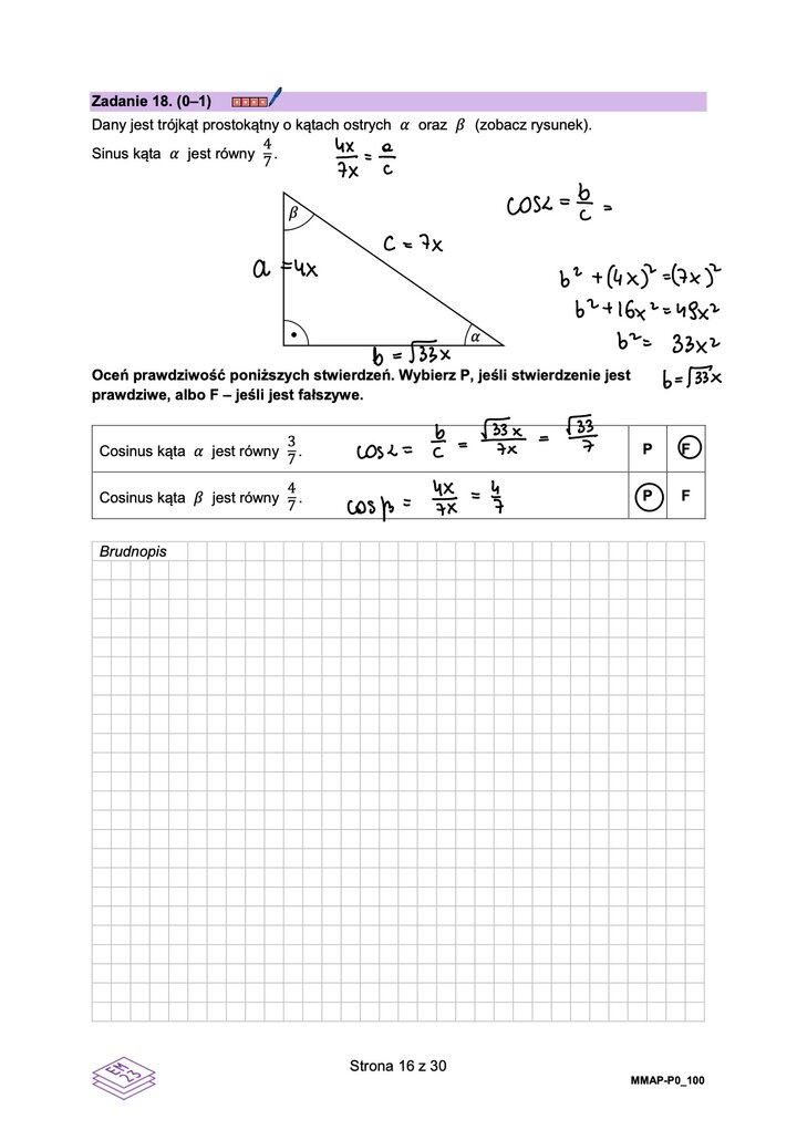 Fragment arkusza maturalnego z matematyki podstawowej - zadanie z rysunkiem trójkąta prostokątnego.