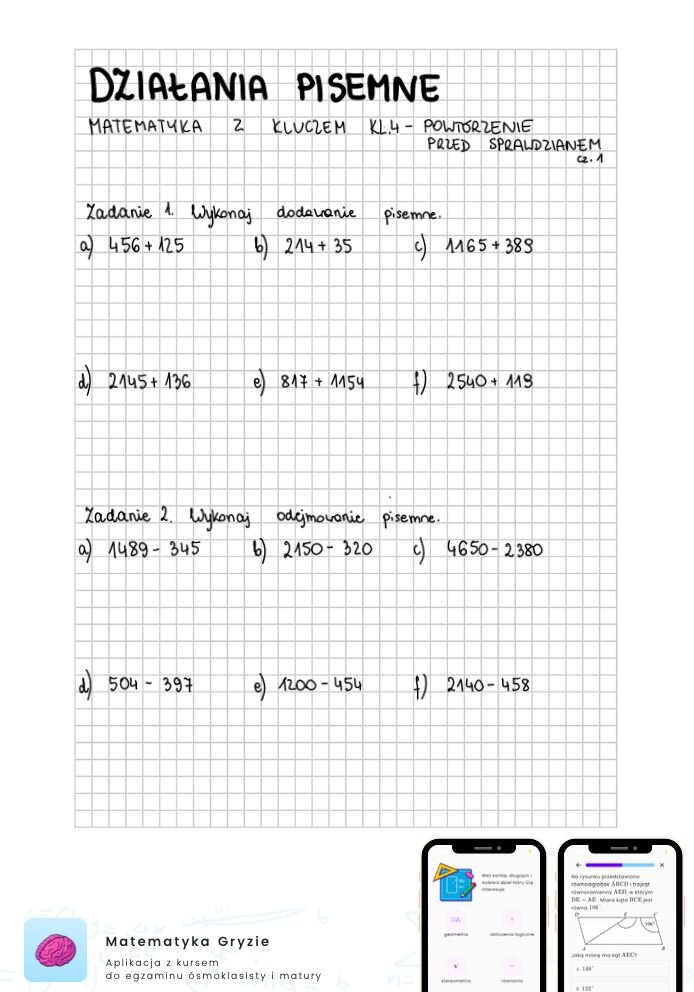Zadania na sprawdzian matematyka z kluczem klasa 4 - działania pisemne
