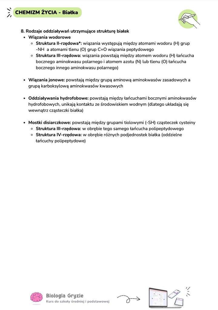 Lista rodzajów oddziaływań stabilizujących strukturę białek, w tym wiązania wodorowe, jonowe, oddziaływania hydrofobowe oraz mostki disiarczkowe.