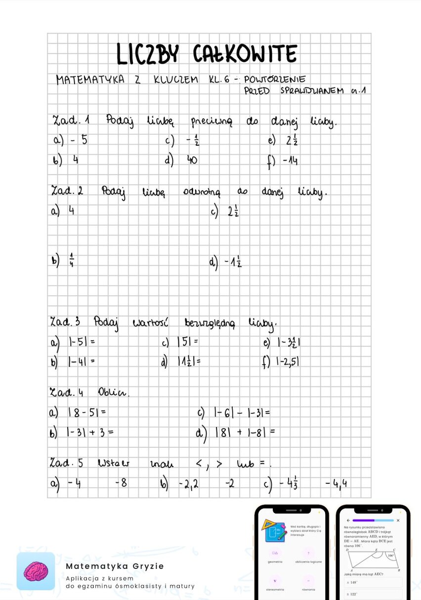 Zadania na sprawdzian matematyka z kluczem klasa 6 - liczby całkowite
