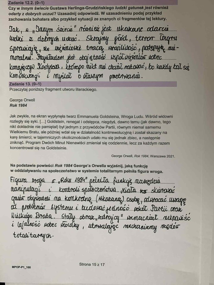 Fragment arkusza egzaminacyjnego z języka polskiego – pytania dotyczące wybranych lektur obowiązkowych.