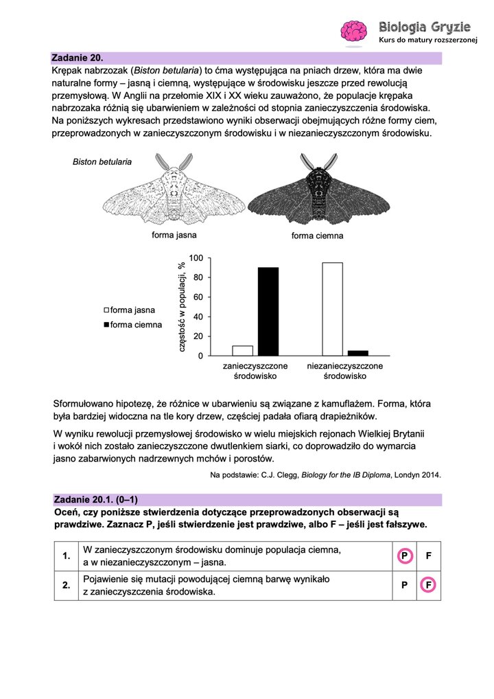 Fragment arkusza maturalnego z biologii - zadanie z rysunkim dotyczącym barw krępaków nabrzozakowych.