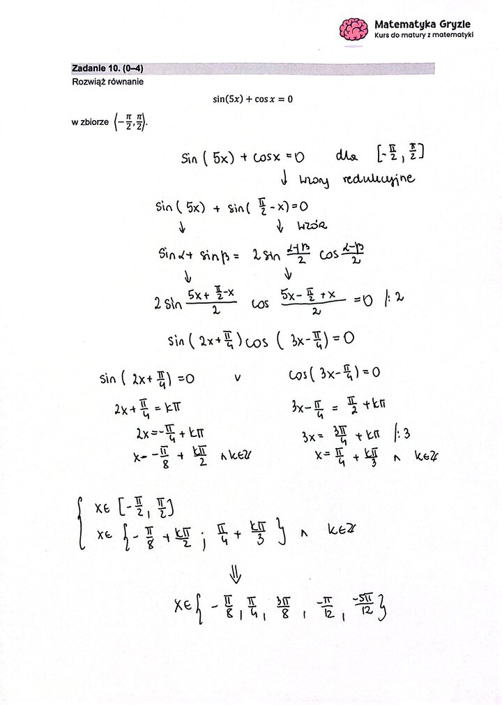 Fragment arkusza maturalnego z matematyki rozszerzonej - obliczanie wartości równania trygonometrycznego.