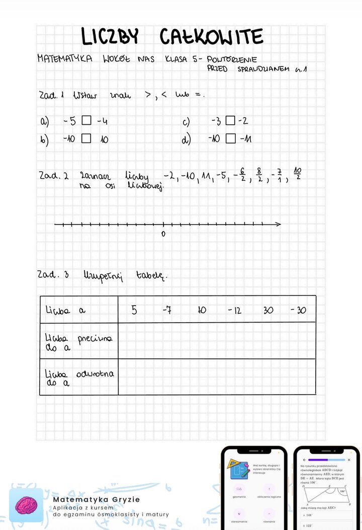 Liczby całkowite - sprawdzian matematyka wokół nas - powtórka cz.1. Zadania dla ucznia. 