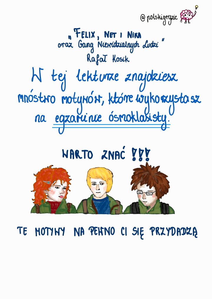 Ilustracja przedstawiająca Felixa Polona, głównego bohatera lektury 'Felix, Net i Nika oraz Gang Niewidzialnych Ludzi', w okularach i zielonej kurtce, promująca motywy literackie dla uczniów przygotowujących się do egzaminu ósmoklasisty z języka polskiego.