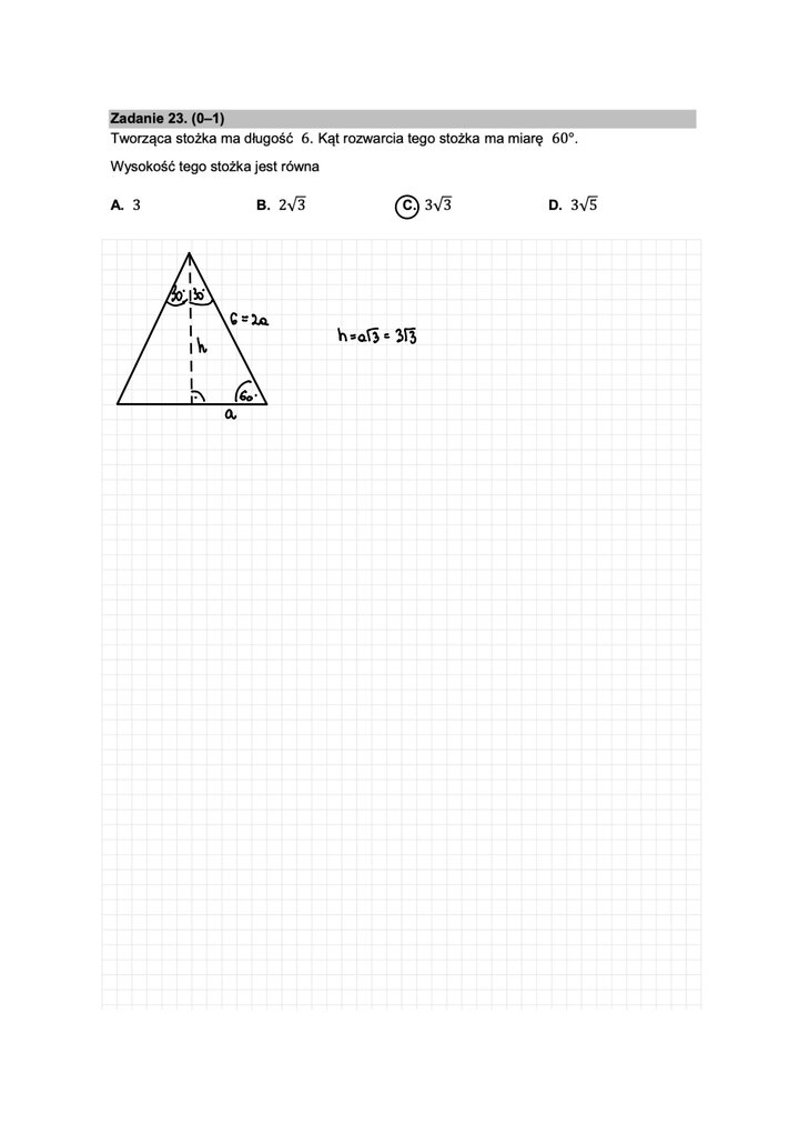 Fragment arkusza maturalnego  z matematyki podstawowej - zadanie ze stereometrii, obliczanie wysokości stożka.