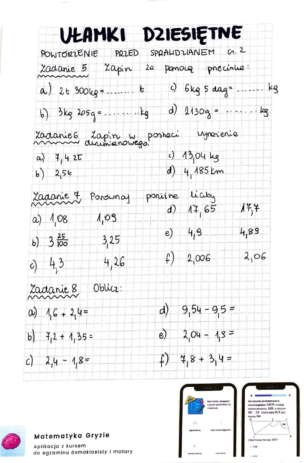 ułamki dziesiętne sprawdzian pdf