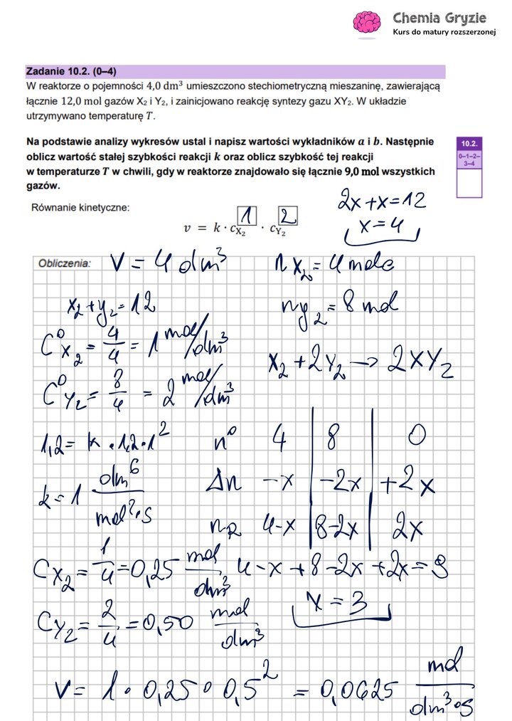 Obliczenia do zadania maturalnego z chemii (10.2), wyznaczające równanie kinetyczne i stałą szybkości reakcji na podstawie danych z wykresu.