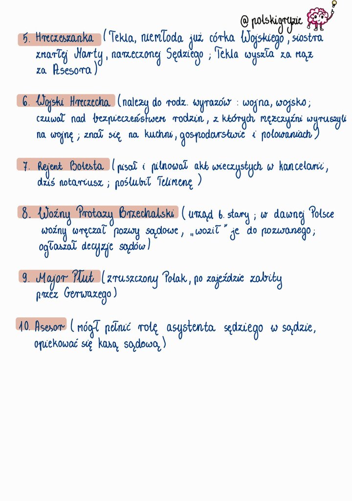 Grafika mózgu z żarówką, towarzysząca opisom dalszych postaci 'Pana Tadeusza', takich jak Wojski Hreczecha, Rejent Bolesta, Woźny Protazy oraz Rosjanie (Major Płut, Asesor), i ich funkcji w świecie szlacheckim.