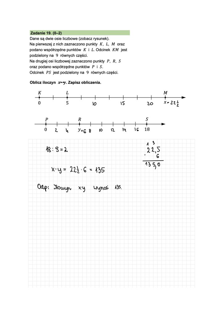 Fragment arkusza do egzaminu ósmoklasisty z matematyki - zadanie z rysunkiem osi liczbowej, wyznaczanie liczb.