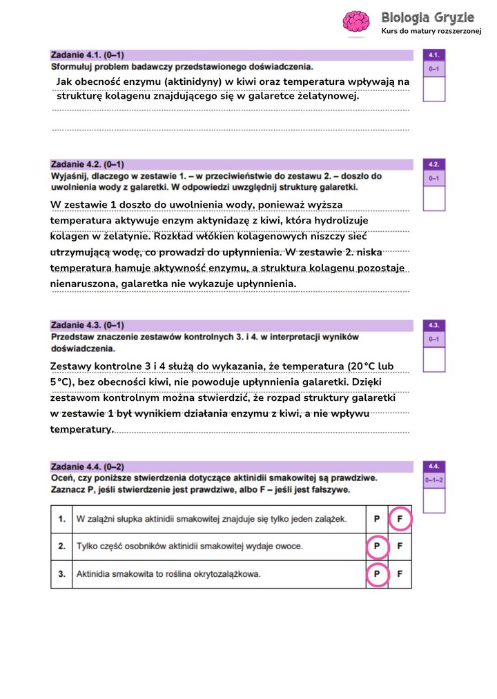 Odpowiedzi do zadania maturalnego z biologii (4.1-4.4), z analizą doświadczenia badającego aktywność enzymu aktynidyny.
