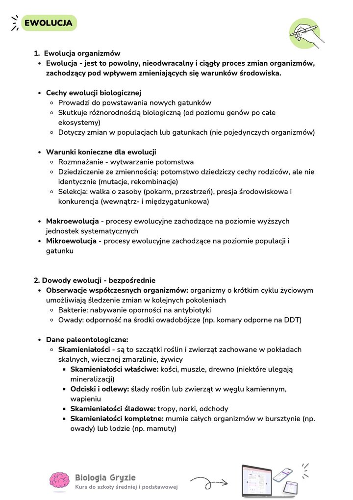 Definicja ewolucji biologicznej oraz zestawienie bezpośrednich dowodów ewolucji, w tym oporności bakterii na antybiotyki i rodzajów skamieniałości.