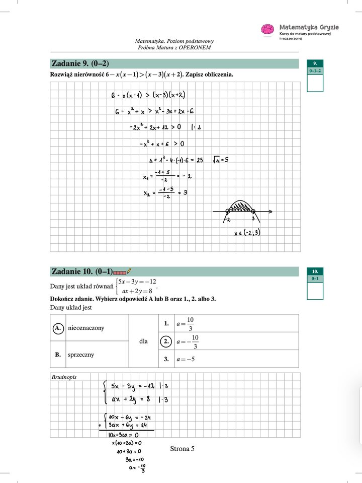 Zdjęcie kartki papieru z odręcznymi rozwiązaniami zadań z próbnego egzaminu maturalnego z matematyki Operon (poziom podstawowy). Widoczne wzory, obliczenia i zaznaczone wyniki.