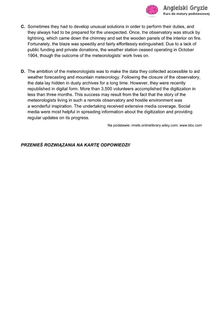 Fragment arkusza maturalnego z języka angielskiego – zadanie na dopasowywanie tekstów do odpowiednich akapitów.