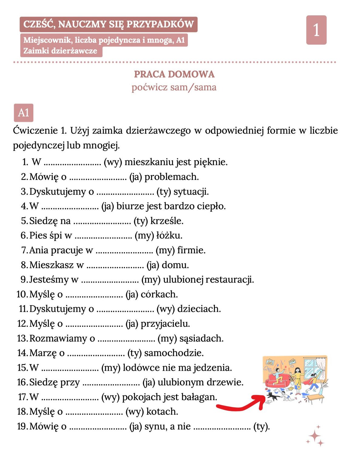 Kolorowa ilustracja edukacyjna przedstawiająca bałagan w salonie: rozrzucone ubrania, papiery i zabawki na podłodze. Zmęczona mama stoi na środku, podczas gdy dzieci biegają, a czarny kot bawi się przedmiotami. Obok grafiki znajduje się lista 19 ćwiczeń na miejscownik i zaimki dzierżawcze dla poziomu A1, zachęcająca do nauki gramatyki języka polskiego.