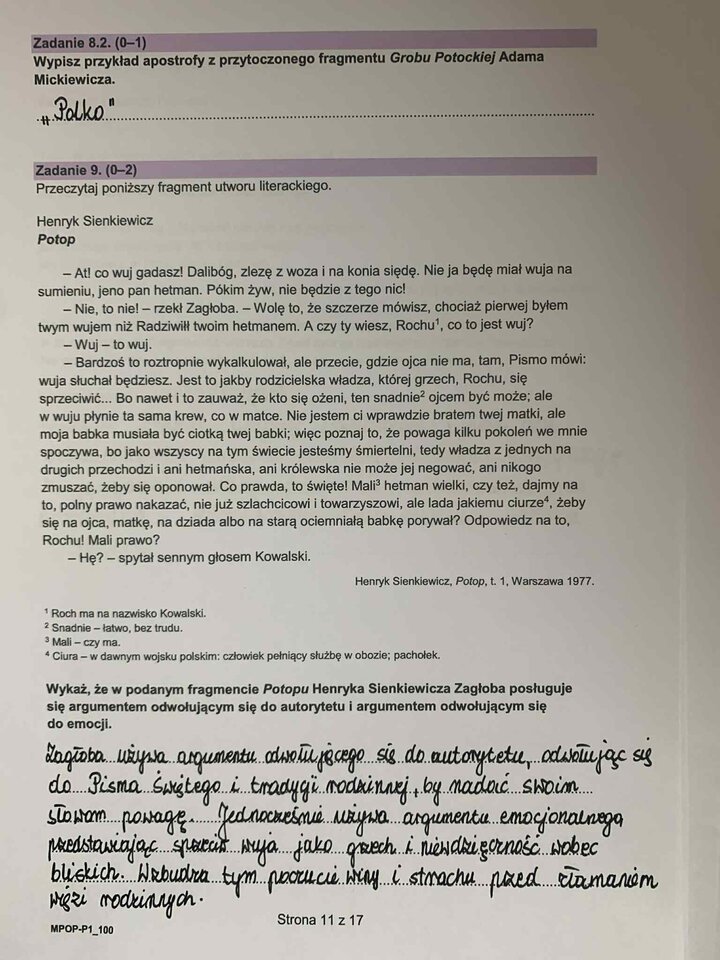 Fragment arkusza egzaminacyjnego z języka polskiego – pytania dotyczące wybranych lektur obowiązkowych.