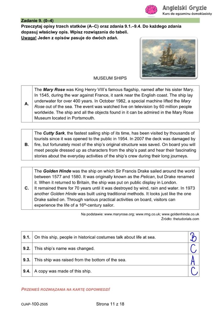 Zadanie z egzaminu ósmoklasisty z angielskiego (9) sprawdzające rozumienie tekstu czytanego przez dopasowanie opisów statków do podanych informacji.