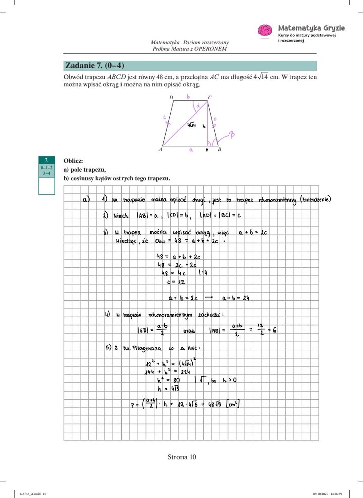 Zdjęcie kartki papieru z odręcznymi rozwiązaniami zadań z próbnego egzaminu maturalnego z matematyki Operon (poziom rozszerzony). Widoczne wzory, obliczenia i zaznaczone wyniki.