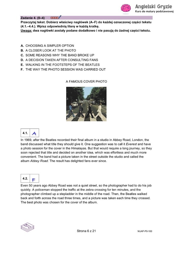 Fragment arkusza maturalnego z języka angielskiego – zadanie na dopasowywanie tekstów do odpowiednich akapitów.