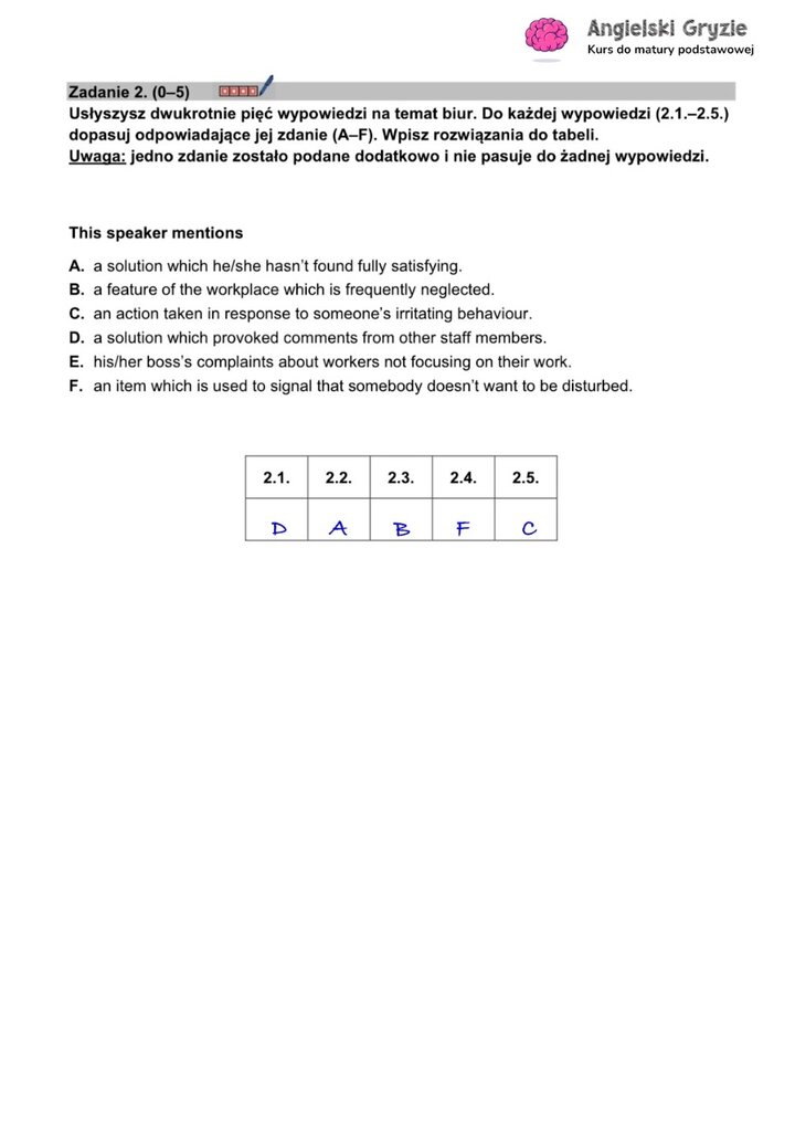 Fragment arkusza maturalnego z języka angielskiego – zadanie na rozumienie ze słuchu z 
pięcioma pytaniami wielokrotnego wyboru.