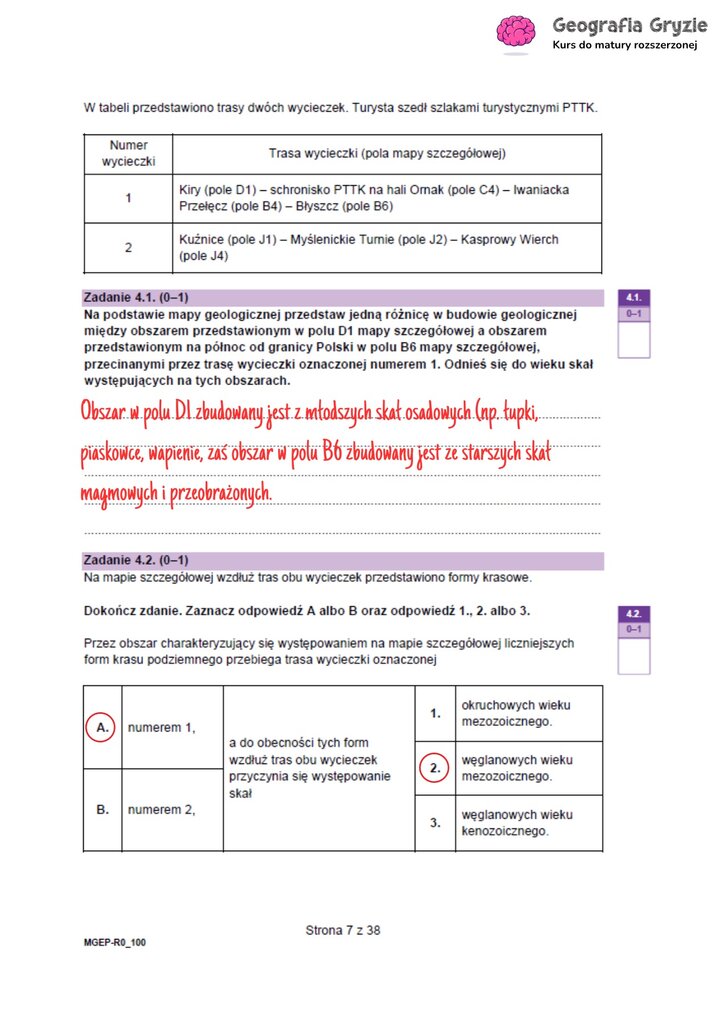 Zadania maturalne z geografii (4.1, 4.2) dotyczące budowy geologicznej Tatr i występowania form krasowych na trasach wycieczek.