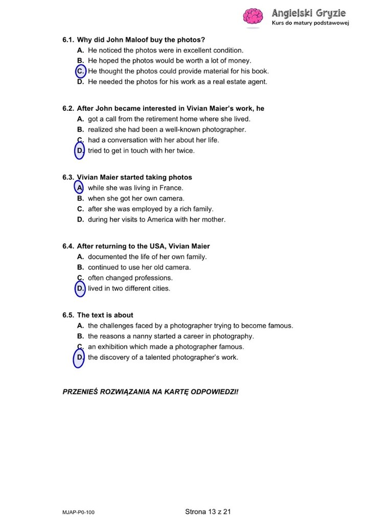 Fragment arkusza maturalnego z języka angielskiego – zadanie na rozumienie tekstu czytanego z pytaniami wielokrotnego wyboru.