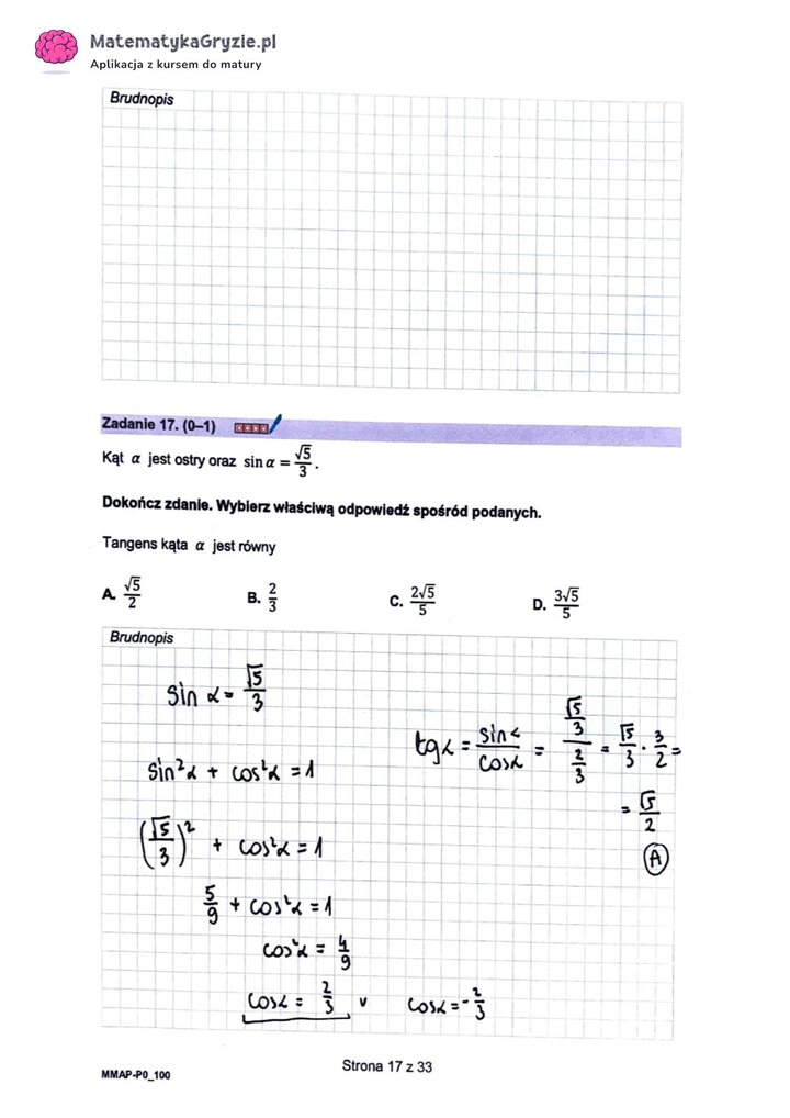 Fragment arkusza maturalnego z matematyki podstawowej - wyznaczanie kąta podanej wartości trygonometrycznej.