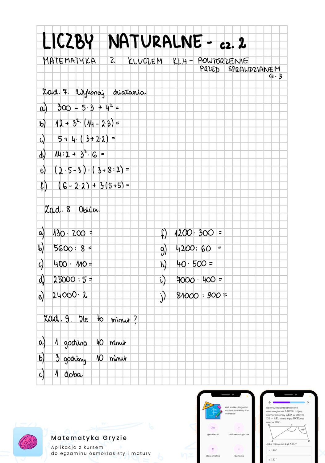 Zadania na sprawdzian matematyka z kluczem klasa 4 - liczby naturalne cz.2