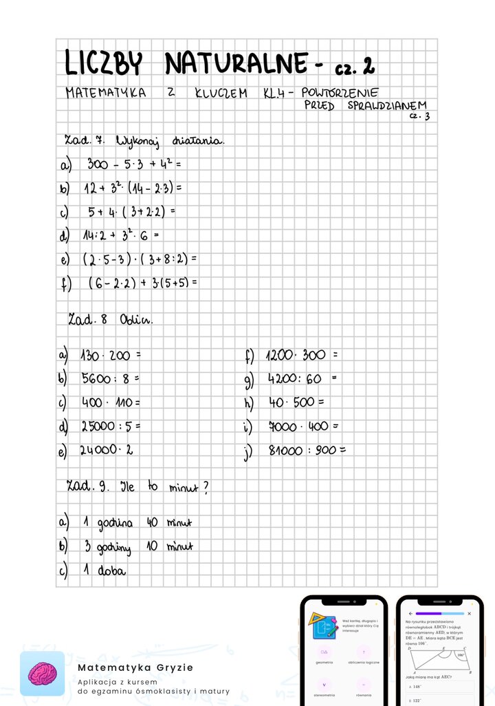 Zadania na sprawdzian matematyka z kluczem klasa 4 - liczby naturalne cz.2