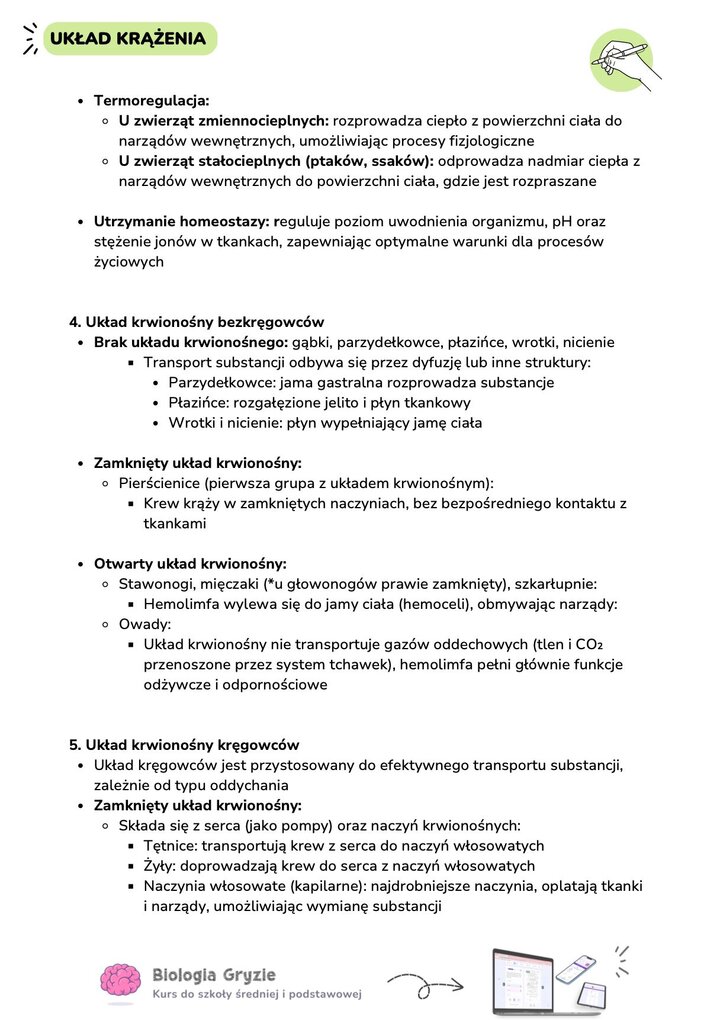Funkcje układu krwionośnego, takie jak transport, termoregulacja i homeostaza. Druga część strony opisuje ewolucję układu u bezkręgowców, wskazując na brak układu u parzydełkowców, układ zamknięty u pierścienic oraz otwarty u stawonogów i mięczaków.